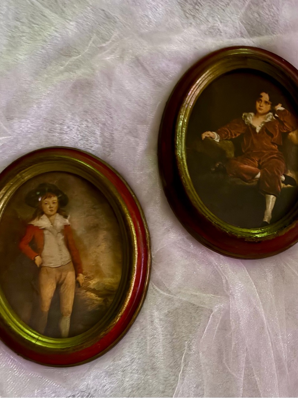 Unique Vintage Red and Gold Oval Portrait Plaques from Italy